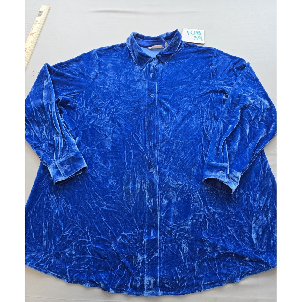 Soft Surroundings Royal Blue Crushed Velvet Button Down Shirt Plus Size 1X